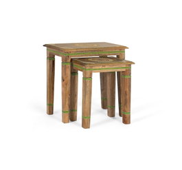 GINER Y COLOMER Lot de 2 tables gigognes en bois de manguier sculpté et peint à la main - Multicolore